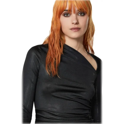 Patrizia Pepe Dresses-- Glossy Fabric Asymmetrical Neckline Dress - Black - Made in Italy - Luxury Exclusive Collection - Avvenice