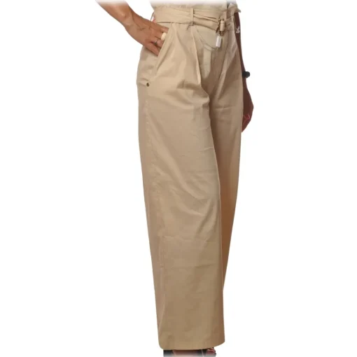 Patrizia Pepe Trousers-- High Waist Wide Leg Trousers with Belt - Sand - Trousers - Made in Italy - Luxury Exclusive Collection - Avvenice