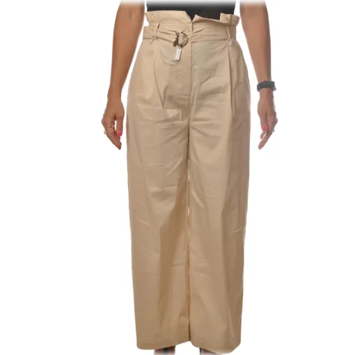 Patrizia Pepe Trousers-- High Waist Wide Leg Trousers with Belt - Sand - Trousers - Made in Italy - Luxury Exclusive Collection - Avvenice