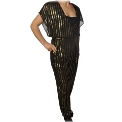 Patrizia Pepe Dresses-- Jumpsuit Model Wide Trousers in Pinstripe - Black/Gold - Dress - Made in Italy - Luxury Exclusive Collection - Avvenice