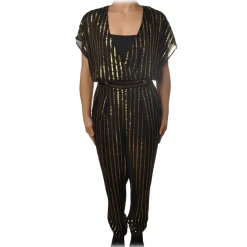 Patrizia Pepe Dresses-- Jumpsuit Model Wide Trousers in Pinstripe - Black/Gold - Dress - Made in Italy - Luxury Exclusive Collection - Avvenice