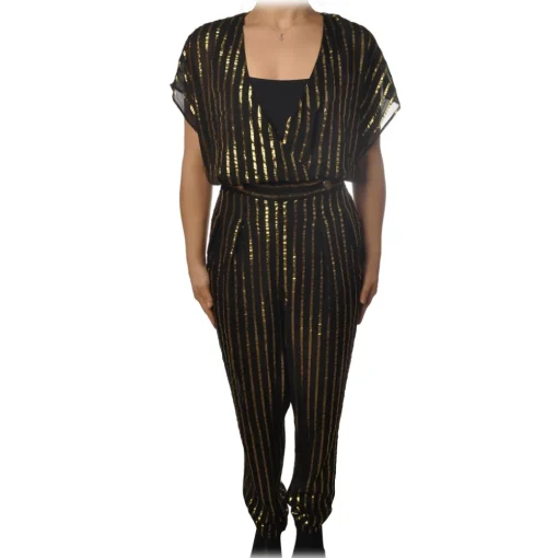 Patrizia Pepe Dresses-- Jumpsuit Model Wide Trousers in Pinstripe - Black/Gold - Dress - Made in Italy - Luxury Exclusive Collection - Avvenice