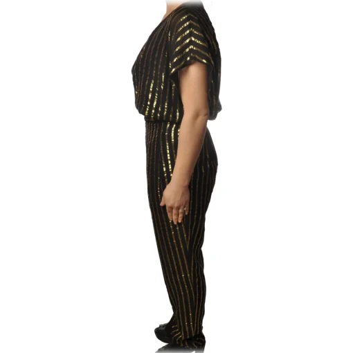 Patrizia Pepe Dresses-- Jumpsuit Model Wide Trousers in Pinstripe - Black/Gold - Dress - Made in Italy - Luxury Exclusive Collection - Avvenice