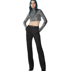 Patrizia Pepe Trousers-- Pinstripe Patterned Trousers with Strap - Black - Trousers - Made in Italy - Luxury Exclusive Collection - Avvenice