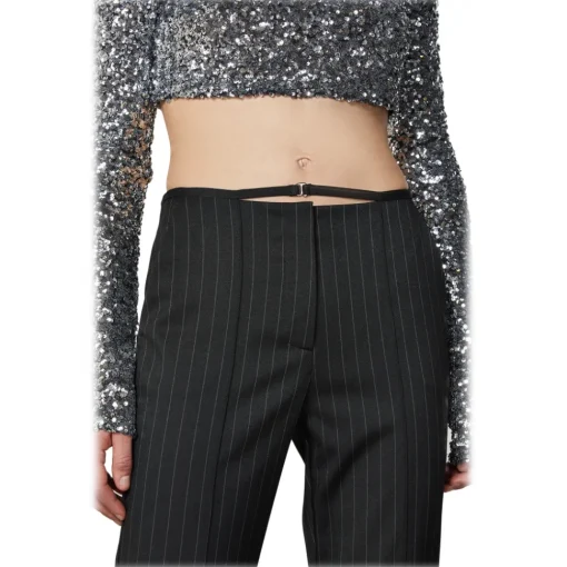 Patrizia Pepe Trousers-- Pinstripe Patterned Trousers with Strap - Black - Trousers - Made in Italy - Luxury Exclusive Collection - Avvenice