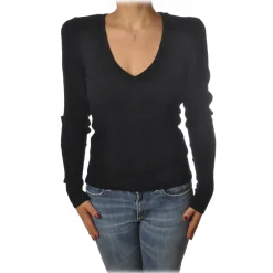 Patrizia Pepe Knitwears-- Sweater V-neck Model with Shoulder Straps - Black - Pullover - Made in Italy - Luxury Exclusive Collection - Avvenice