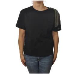 Patrizia Pepe T-shirt-- T-shirt Round-Neck Model with Brooch Detail - Black - T-shirt - Made in Italy - Luxury Exclusive Collection - Avvenice