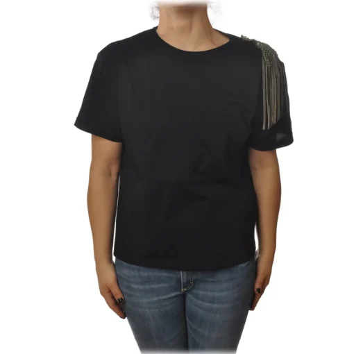 Patrizia Pepe T-shirt-- T-shirt Round-Neck Model with Brooch Detail - Black - T-shirt - Made in Italy - Luxury Exclusive Collection - Avvenice