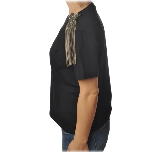 Patrizia Pepe T-shirt-- T-shirt Round-Neck Model with Brooch Detail - Black - T-shirt - Made in Italy - Luxury Exclusive Collection - Avvenice