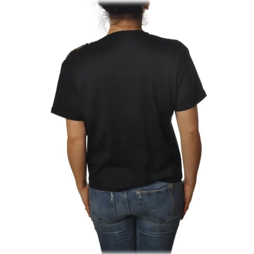 Patrizia Pepe T-shirt-- T-shirt Round-Neck Model with Brooch Detail - Black - T-shirt - Made in Italy - Luxury Exclusive Collection - Avvenice