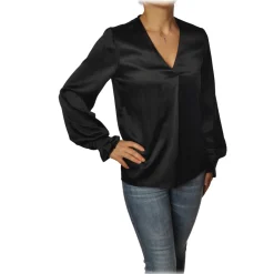 Pinko Shirts-- Blouse Renzo with Long Sleeve and V-neck in Silk - Black - Shirt - Made in Italy - Luxury Exclusive Collection - Avvenice