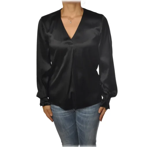 Pinko Shirts-- Blouse Renzo with Long Sleeve and V-neck in Silk - Black - Shirt - Made in Italy - Luxury Exclusive Collection - Avvenice