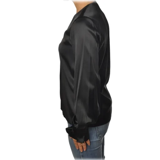 Pinko Shirts-- Blouse Renzo with Long Sleeve and V-neck in Silk - Black - Shirt - Made in Italy - Luxury Exclusive Collection - Avvenice