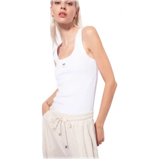 Pinko Tops-- Cannetè Cotton Tank Top with Logo - White - Top - Made in Italy - Luxury Exclusive Collection - Avvenice