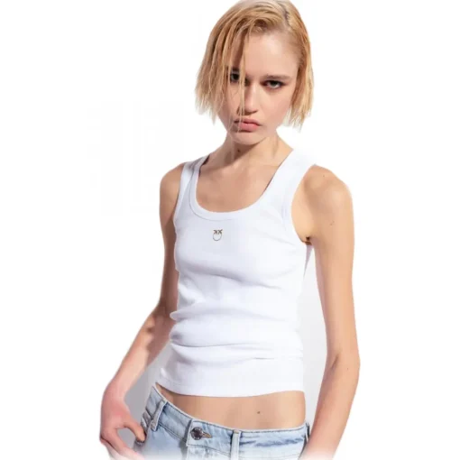 Pinko Tops-- Cannetè Cotton Tank Top with Logo - White - Top - Made in Italy - Luxury Exclusive Collection - Avvenice