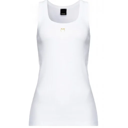 Pinko Tops-- Cannetè Cotton Tank Top with Logo - White - Top - Made in Italy - Luxury Exclusive Collection - Avvenice