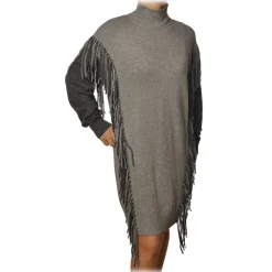 Pinko Dresses-- Dress Miraggio with Mock Neck and Fringes - Pearl Grey - Dress - Made in Italy - Luxury Exclusive Collection - Avvenice
