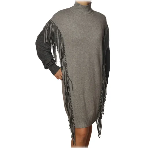 Pinko Dresses-- Dress Miraggio with Mock Neck and Fringes - Pearl Grey - Dress - Made in Italy - Luxury Exclusive Collection - Avvenice