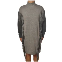 Pinko Dresses-- Dress Miraggio with Mock Neck and Fringes - Pearl Grey - Dress - Made in Italy - Luxury Exclusive Collection - Avvenice