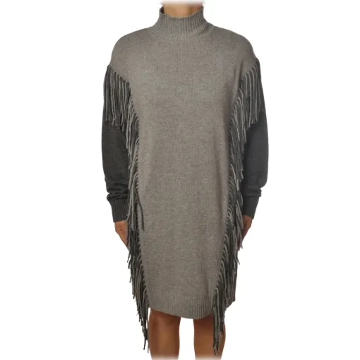 Pinko Dresses-- Dress Miraggio with Mock Neck and Fringes - Pearl Grey - Dress - Made in Italy - Luxury Exclusive Collection - Avvenice