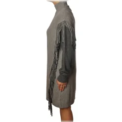 Pinko Dresses-- Dress Miraggio with Mock Neck and Fringes - Pearl Grey - Dress - Made in Italy - Luxury Exclusive Collection - Avvenice