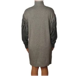 Pinko Dresses-- Dress Miraggio with Mock Neck and Fringes - Pearl Grey - Dress - Made in Italy - Luxury Exclusive Collection - Avvenice