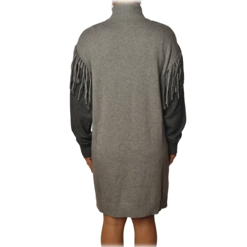 Pinko Dresses-- Dress Miraggio with Mock Neck and Fringes - Pearl Grey - Dress - Made in Italy - Luxury Exclusive Collection - Avvenice
