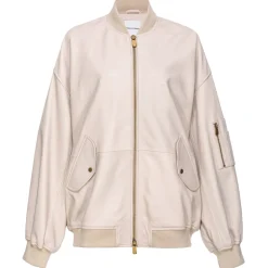 Pinko Jackets-- Genuine Leather Bomber Jacket with Zip Closure - Beige - Jackets - Made in Italy - Luxury Exclusive Collection - Avvenice