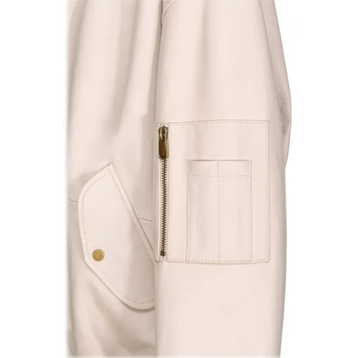Pinko Jackets-- Genuine Leather Bomber Jacket with Zip Closure - Beige - Jackets - Made in Italy - Luxury Exclusive Collection - Avvenice