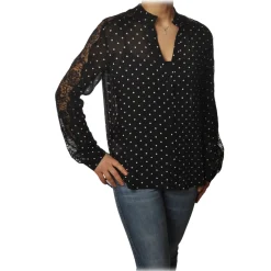Pinko Shirts-- Shirt Marronglace with Sleeves in Lace and Pois Pattern - Black - Shirt - Made in Italy - Luxury Exclusive Collection - Avvenice