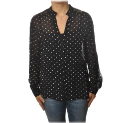 Pinko Shirts-- Shirt Marronglace with Sleeves in Lace and Pois Pattern - Black - Shirt - Made in Italy - Luxury Exclusive Collection - Avvenice