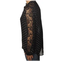 Pinko Shirts-- Shirt Marronglace with Sleeves in Lace and Pois Pattern - Black - Shirt - Made in Italy - Luxury Exclusive Collection - Avvenice