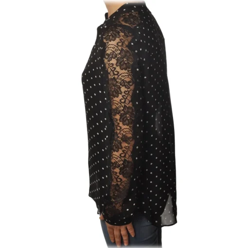 Pinko Shirts-- Shirt Marronglace with Sleeves in Lace and Pois Pattern - Black - Shirt - Made in Italy - Luxury Exclusive Collection - Avvenice