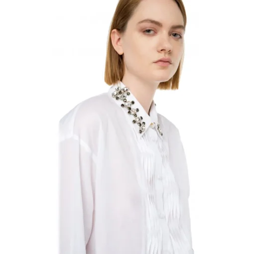 Pinko Shirts-- Shirt with Plastron Detail with Pleats - White - Shirts - Made in Italy - Luxury Exclusive Collection - Avvenice