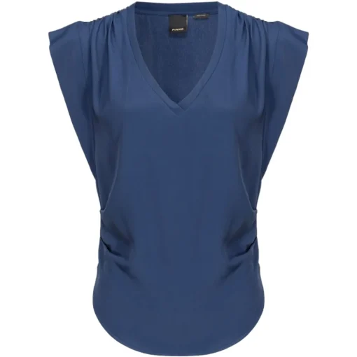 Pinko Tops-- Silk Blend V-Neck Top - Blue - Top - Made in Italy - Luxury Exclusive Collection - Avvenice