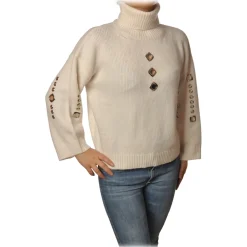 Pinko Knitwears-- Sweater Guyana High Neck Oversized with Studs - White - Sweater - Made in Italy - Luxury Exclusive Collection - Avvenice