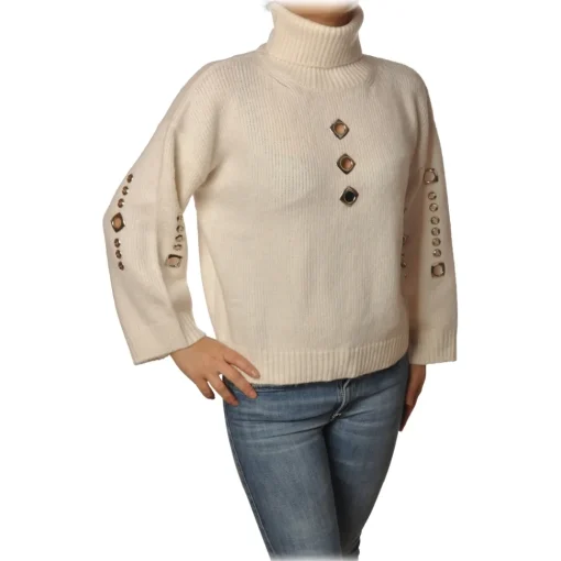 Pinko Knitwears-- Sweater Guyana High Neck Oversized with Studs - White - Sweater - Made in Italy - Luxury Exclusive Collection - Avvenice