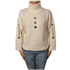 Pinko Knitwears-- Sweater Guyana High Neck Oversized with Studs - White - Sweater - Made in Italy - Luxury Exclusive Collection - Avvenice