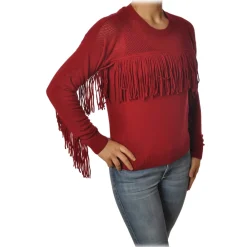 Pinko Knitwears-- Sweater Valgualnera with Fringes and Openwork - Red - Sweater - Made in Italy - Luxury Exclusive Collection - Avvenice