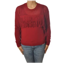 Pinko Knitwears-- Sweater Valgualnera with Fringes and Openwork - Red - Sweater - Made in Italy - Luxury Exclusive Collection - Avvenice