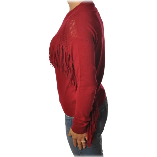 Pinko Knitwears-- Sweater Valgualnera with Fringes and Openwork - Red - Sweater - Made in Italy - Luxury Exclusive Collection - Avvenice