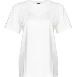 Pinko T-shirt-- T-Shirt with Thin Fringes Detail - White - T-shirt - Made in Italy - Luxury Exclusive Collection - Avvenice