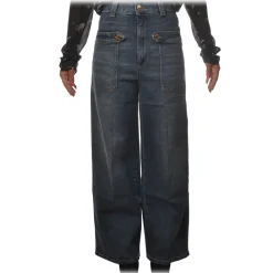 Pinko Trousers-- Wide Leg Jeans Parker1 with Rectangular Pockets - Dark Denim - Trousers - Made in Italy - Luxury Exclusive Collection - Avvenice