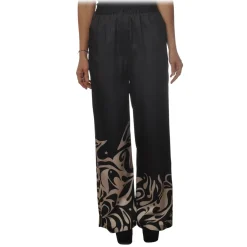 Pinko Trousers-- Wide Leg Trousers Koda in Fantasy Pattern - Black/Ivory - Trousers - Made in Italy - Luxury Exclusive Collection - Avvenice