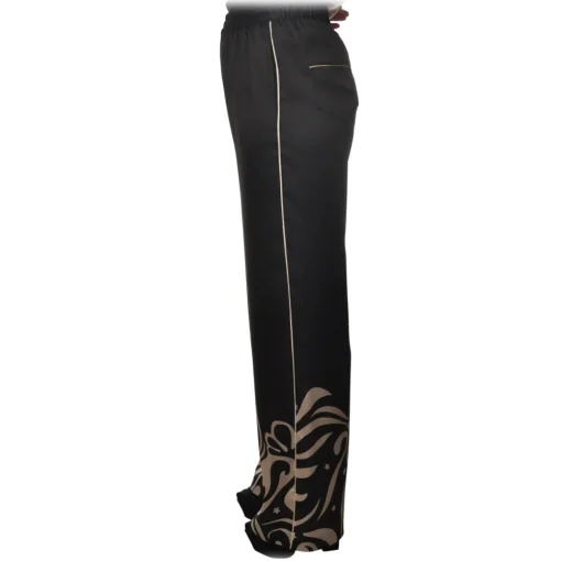 Pinko Trousers-- Wide Leg Trousers Koda in Fantasy Pattern - Black/Ivory - Trousers - Made in Italy - Luxury Exclusive Collection - Avvenice