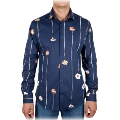 Poggianti 1958 Shirts-Poggianti 1985 - Blue Fantasy Shirt French Collar - Handmade in Italy - New Luxury Exclusive Collection - Avvenice
