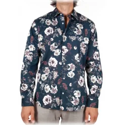 Poggianti 1958 Shirts-Poggianti 1985 - Blue Soft Collar Patterned Shirt - Handmade in Italy - New Luxury Exclusive Collection - Avvenice