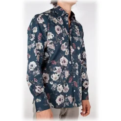 Poggianti 1958 Shirts-Poggianti 1985 - Blue Soft Collar Patterned Shirt - Handmade in Italy - New Luxury Exclusive Collection - Avvenice