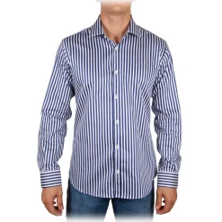 Poggianti 1958 Shirts-Poggianti 1985 - Blue-White Striped Shirt - Handmade in Italy - New Luxury Exclusive Collection - Avvenice