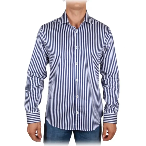 Poggianti 1958 Shirts-Poggianti 1985 - Blue-White Striped Shirt - Handmade in Italy - New Luxury Exclusive Collection - Avvenice